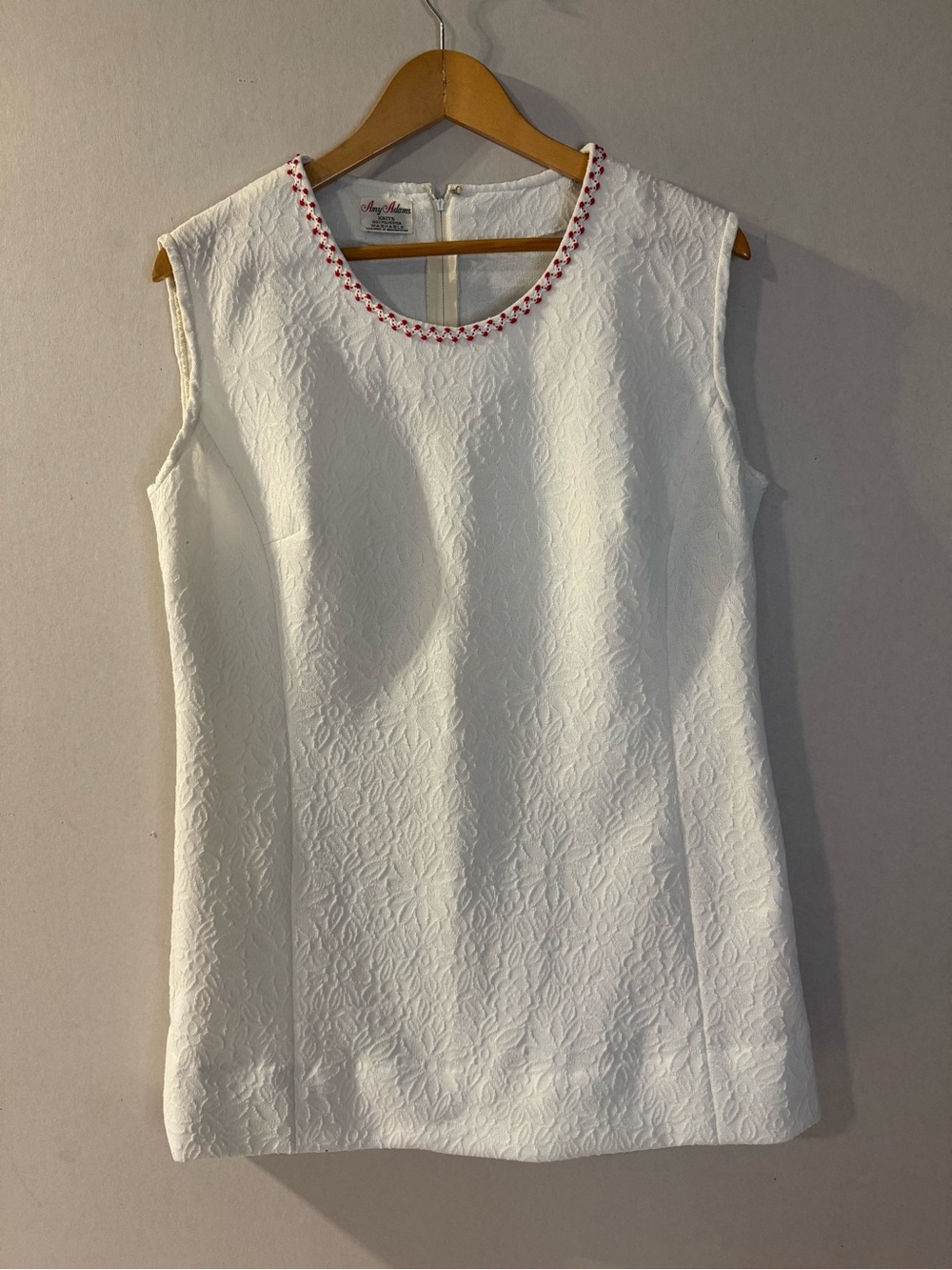 Vintage 60s 70s Amy Adams White Textured Mod Shift Dress Red Trim Size M L